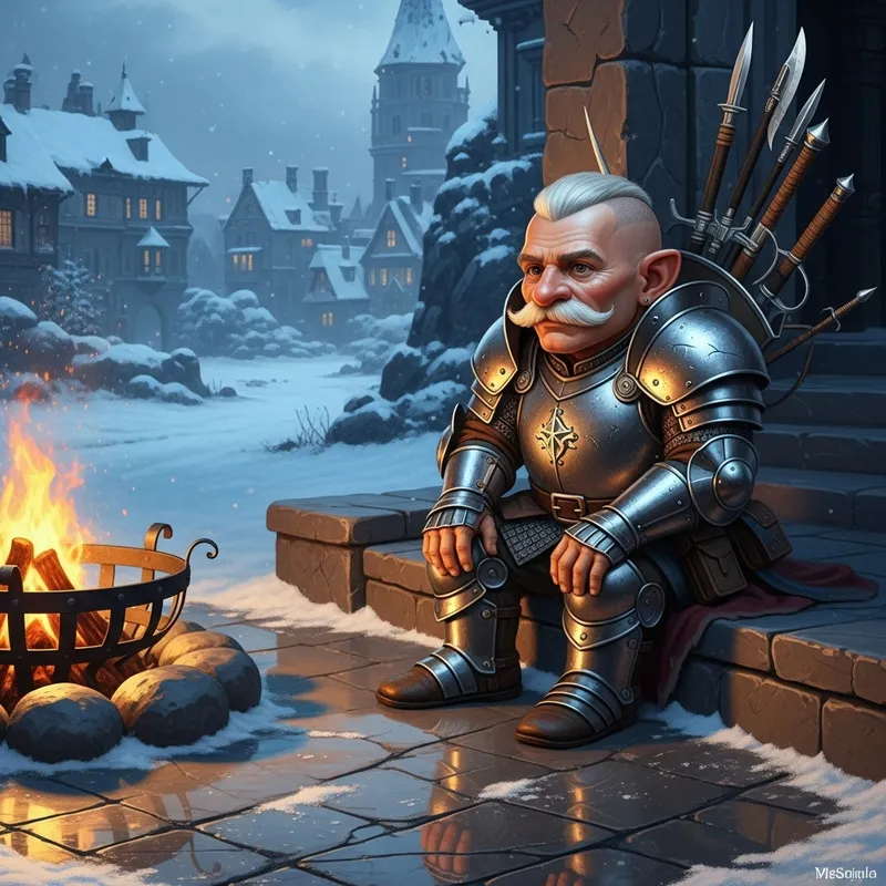 Winter Fantasy Scene with 20-Year-Old Gnome Soldier on Marble Road