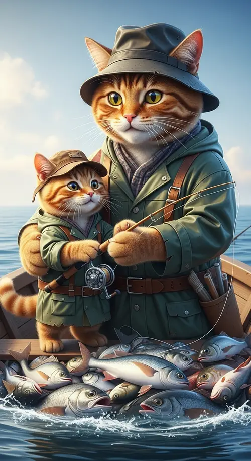Father Cat and Kitten Fishing in Sea | Scottish Red Cats