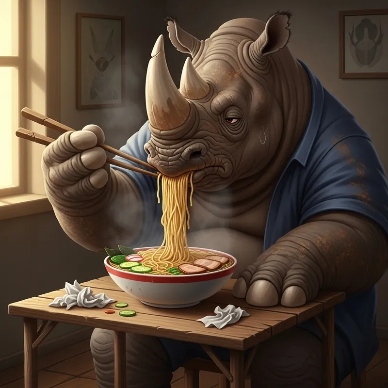 Angry Rhino Eating Noodles with Broad Bones