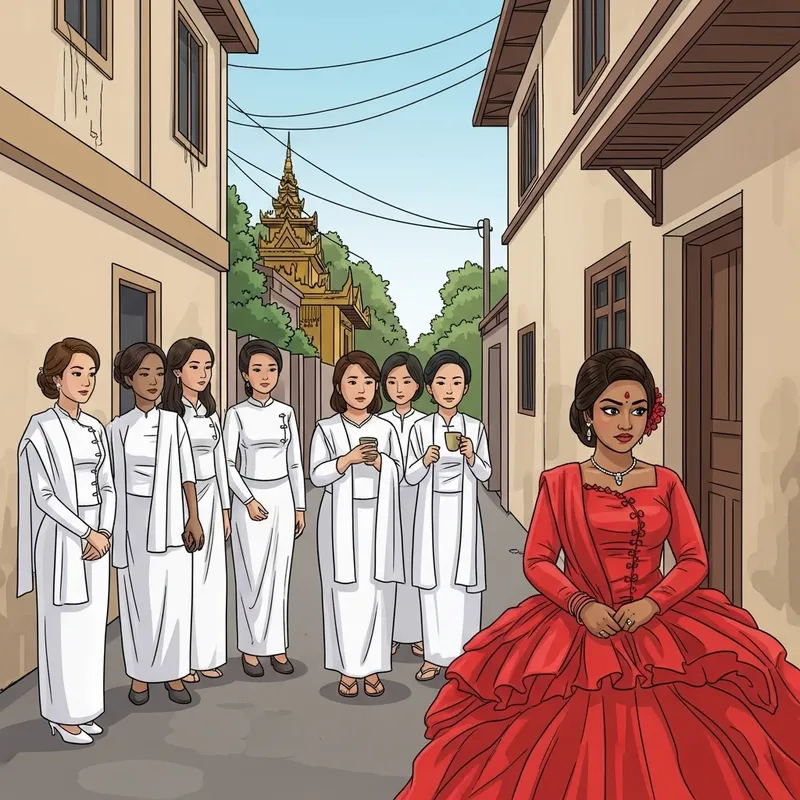 Cartoon Wedding Scene Depicting Myanmar Culture and Disapproving Gossips