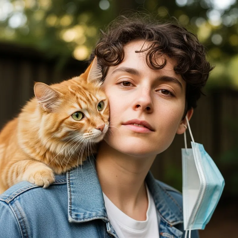 Person with Face Mask and Cat on Shoulder