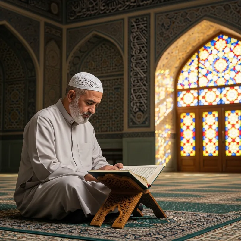 Muslim Reading Quran in Spiritual Setting