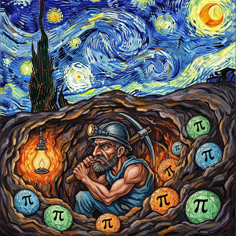 Van Gogh Miner Extracting Precious Gems with Pi Crypto Symbol