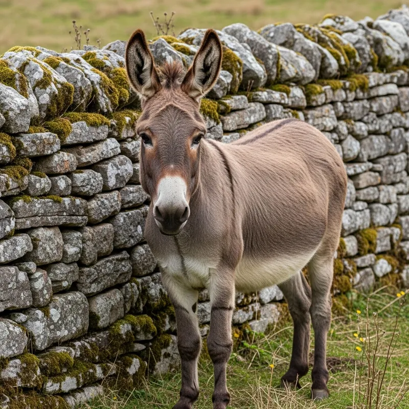 Brown Striped Donkey Standing by Stone Wall in Serene Wilderness Scene