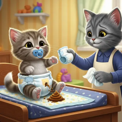 Cute Newborn Kitten Diaper Change Scene | Children's Book Illustration