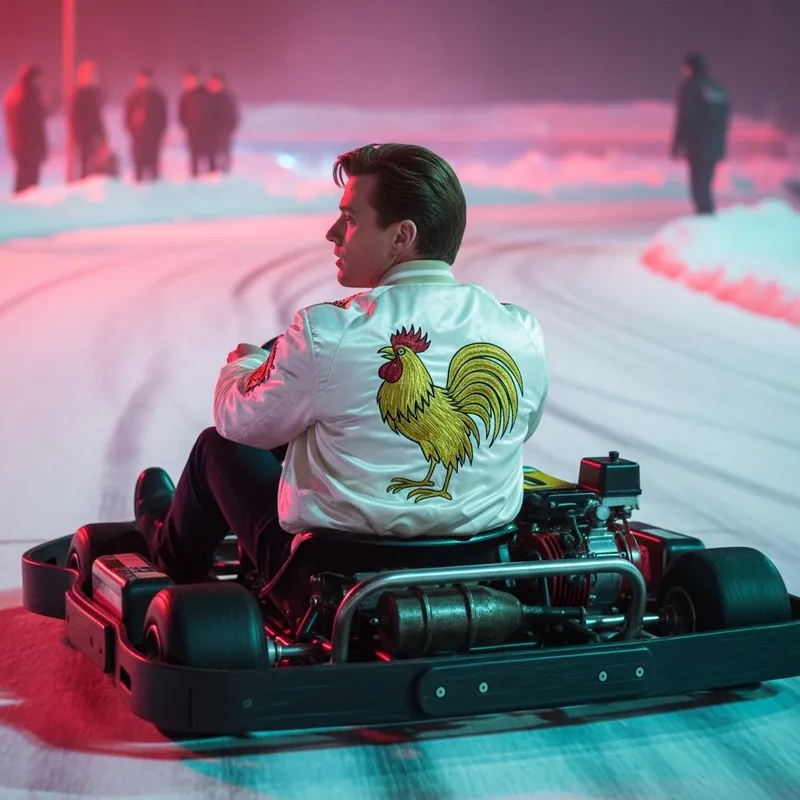 Ryan Gosling Driving Hollywood-Inspired Go-Kart on Snowy Track