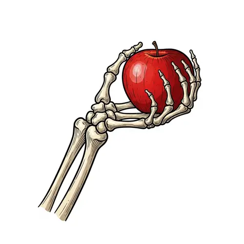 Skeleton Arm Holding Vibrant Red Apple