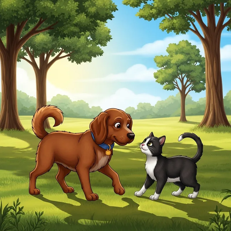 Adorable Dog and Cat Friendship in the Sunlit Field