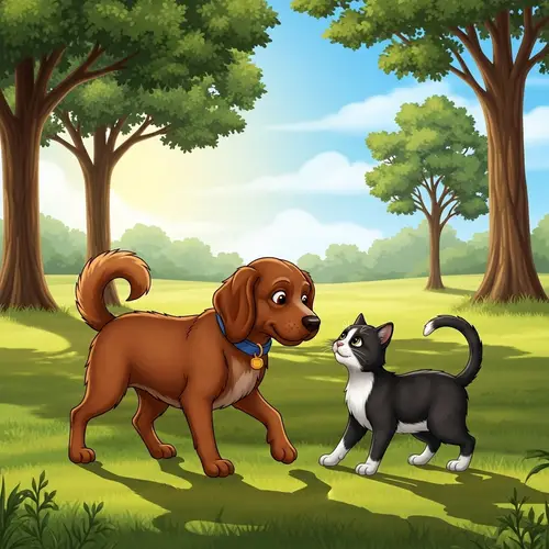 Adorable Dog and Cat Friendship in the Sunlit Field