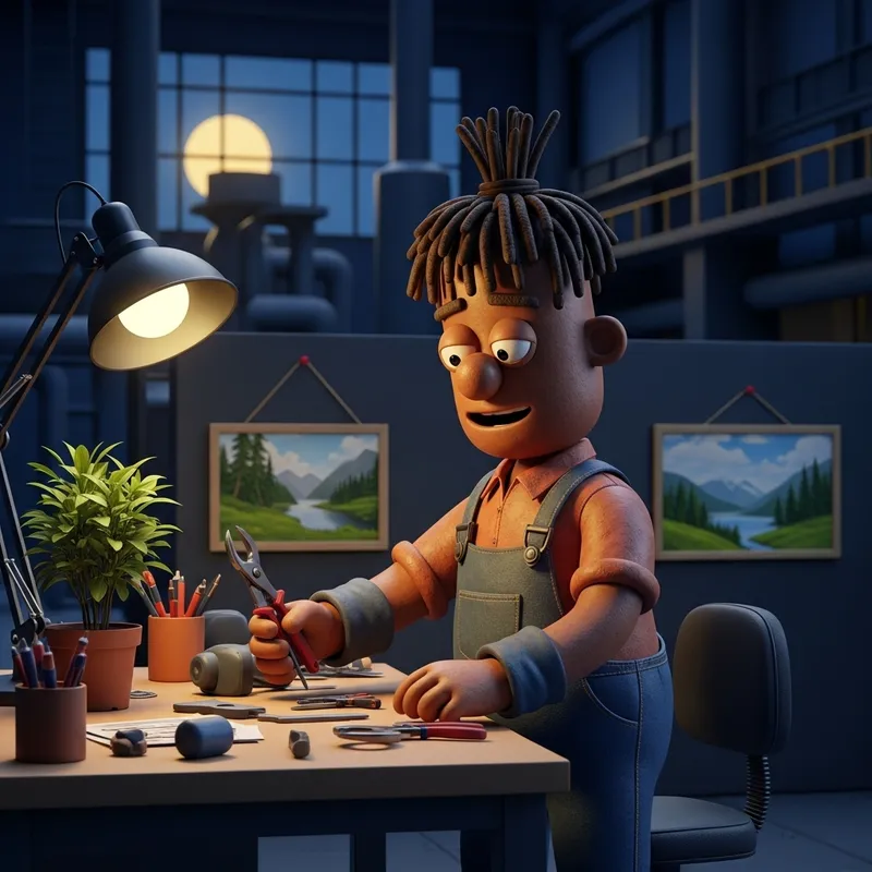 Rubber Nature-Loving Cartoon Mechanic with Dreadlocks