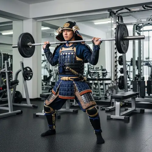 Young Shogun in Traditional Armor Works Out with Barbell in Gym