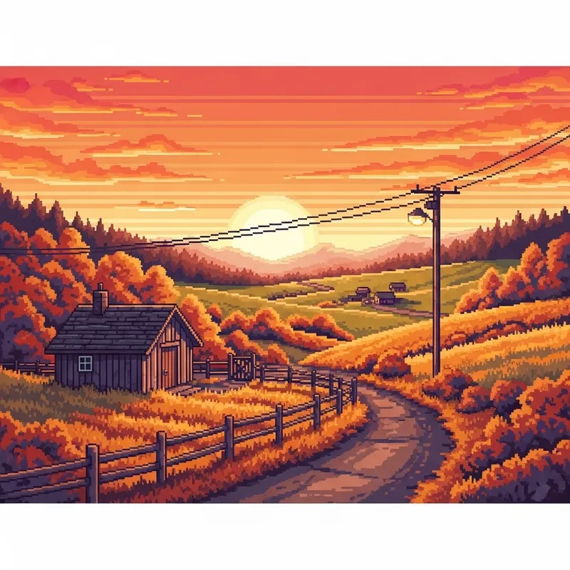 1980s Pixelart Sunset Landscape of Autumn Field