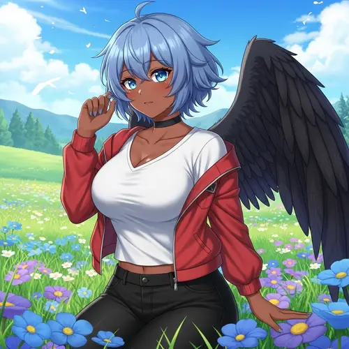 Anime-Style Character with Blue Hair and Wings in Meadow of Blue and Purple Flowers
