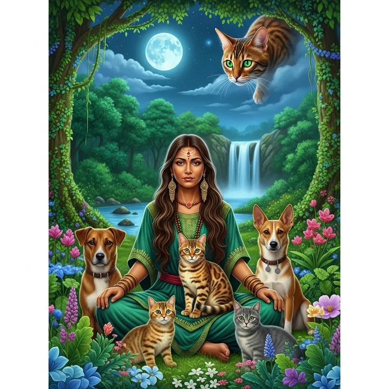 Enchanted Bengal Cat with Shaman and Magical Animals in Nature Scene