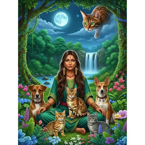 Celestial Bengal Cat Watching Female Shaman in Verdant Forest