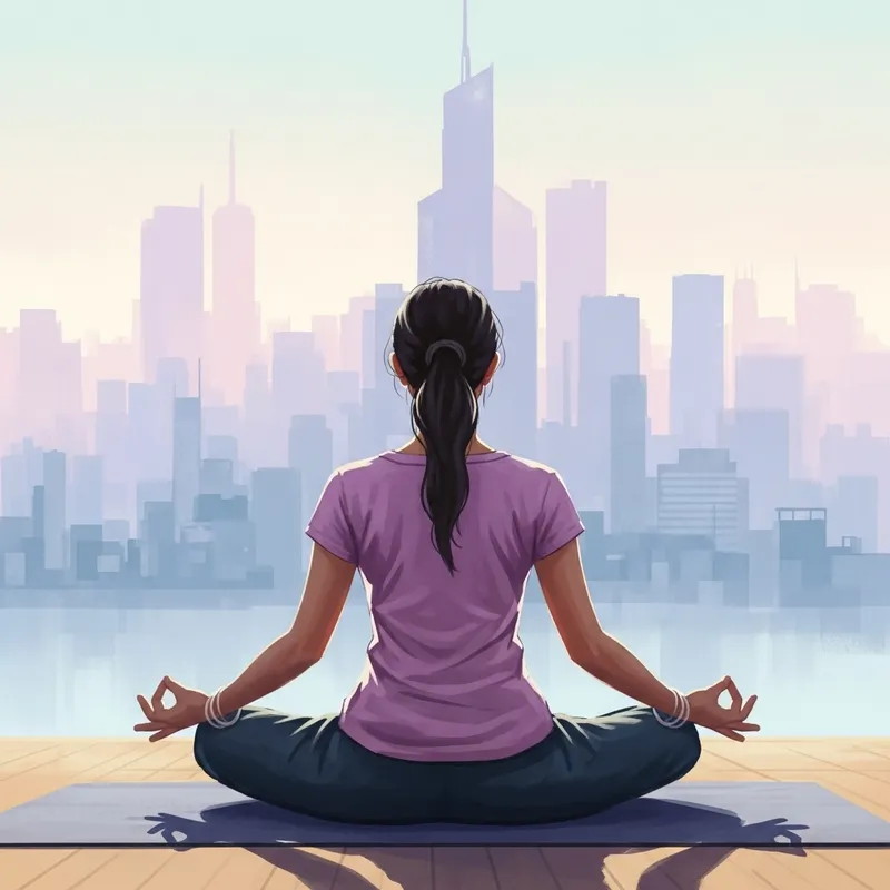 Tranquil South Asian Woman Lotus Pose with Cityscape View | Yoga Art