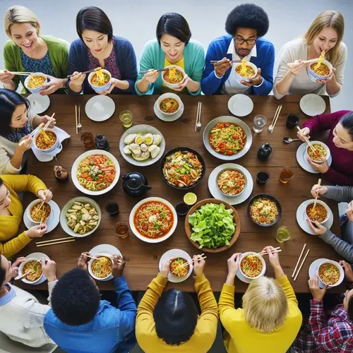 Global Diversity Enjoying Instant Noodles - Diverse Group at Table