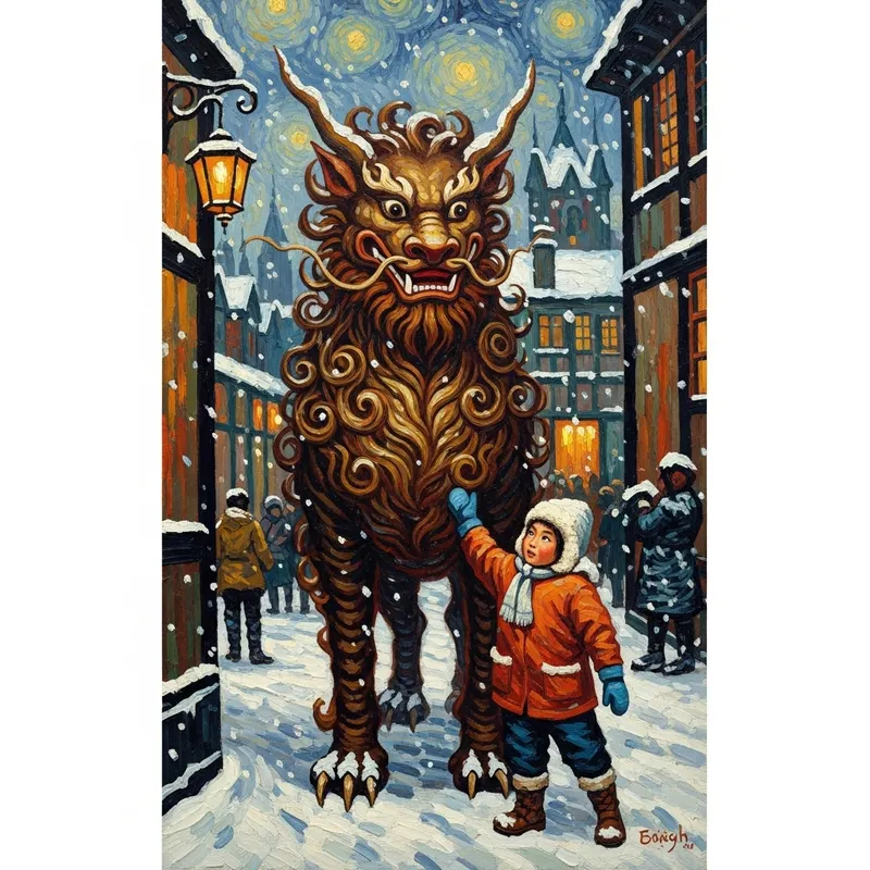Encounter of Van Gogh Style, Kui Monster, and Child in Wintry London