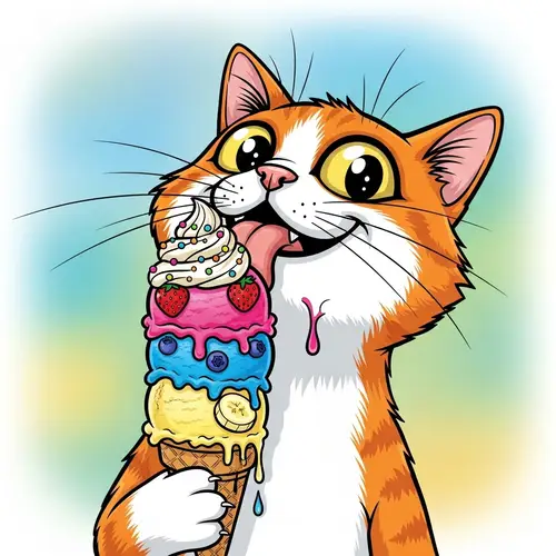 Comical Cat Enjoying Multi-Flavored Ice Cream Cone