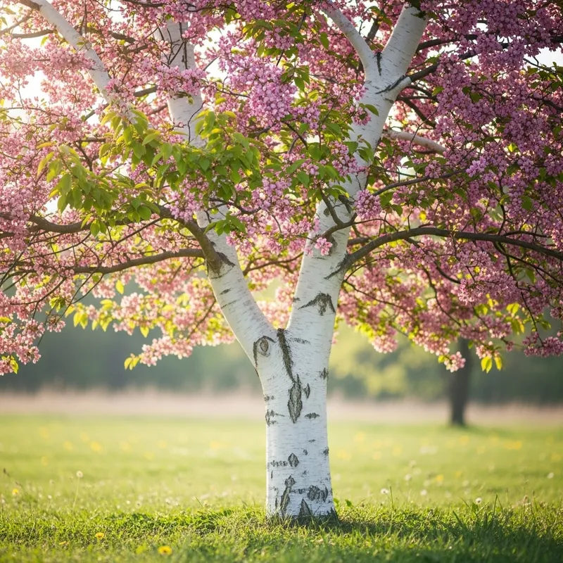 White Trunked Tree with Pink Flowers in Spring