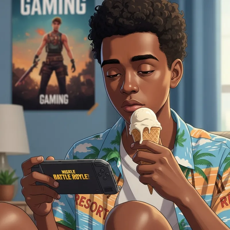 Tired Boy Playing Fortnite with Ice Cream