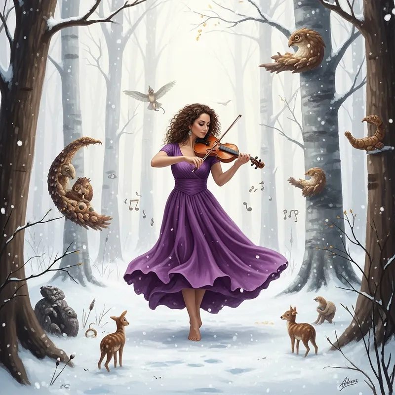 Enchanting Snowy Forest Dance: Woman with Violin & Nature Creatures