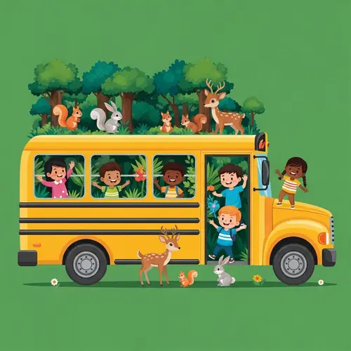 Green Forest School Bus: Children & Animals Vector Illustration
