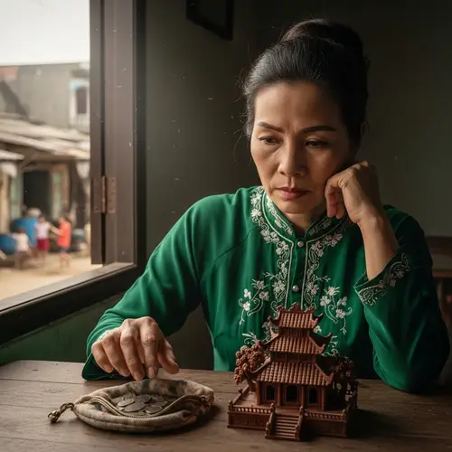 Vietnamese Woman Contemplating Temple Construction or Helping the Poor