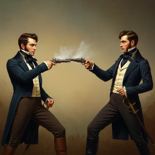 19th Century Duel: Elegantly Dressed Men in Dramatic Pistol Fight