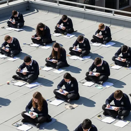 Diverse Students Engrossed in Exams on Urban School Roof
