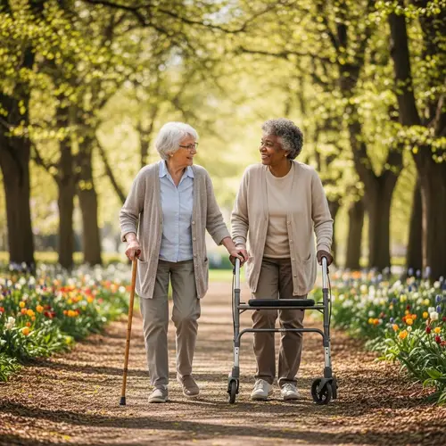 Elderly Women Walking Through Scenic Park | Shared Friendship