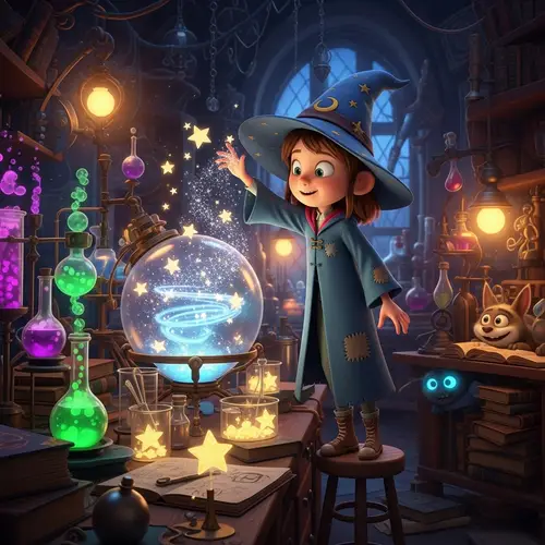 Pixar-Style Girl in Magical Laboratory Creating Stars