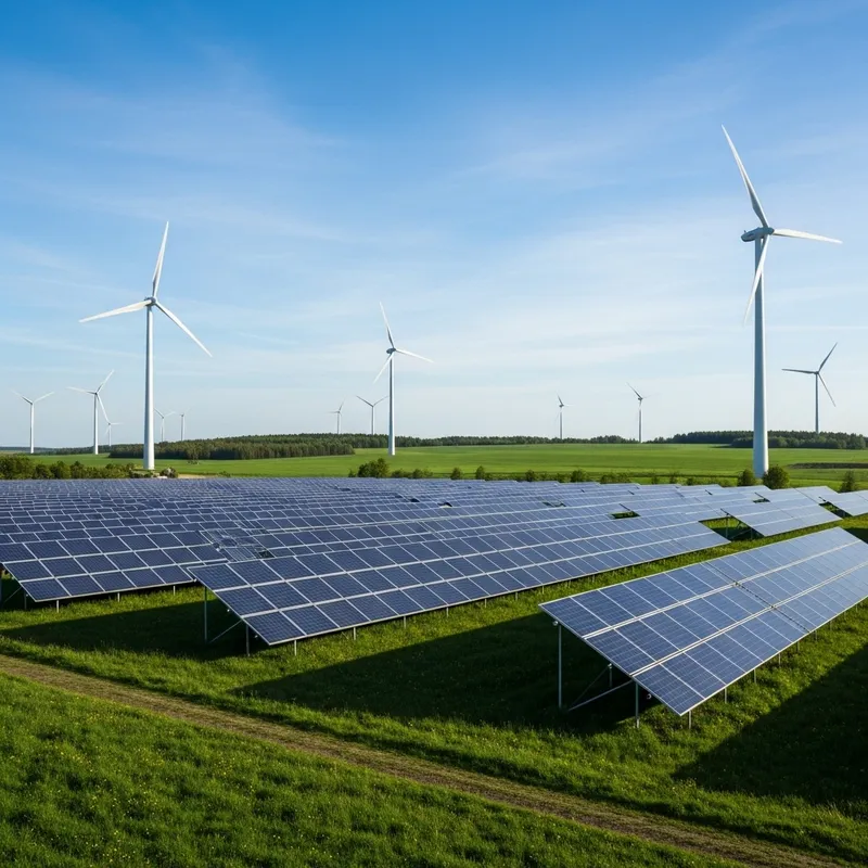Wind Turbines and Solar Panels in Green Energy Landscape