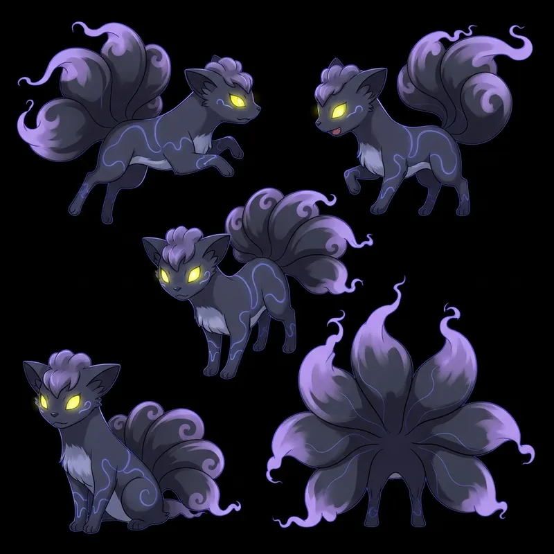 2D Dark & Ghost-Type Vulpix-Like Creature in Multiple Poses