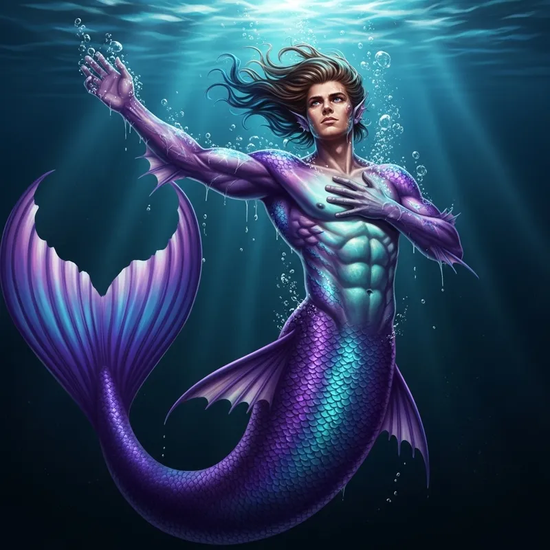 Mysterious Male Mermaid Emerges - Ocean Fantasy Art