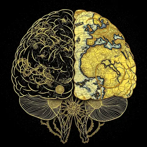 Brain Map Fusion in Black, Yellow & Gold Artwork