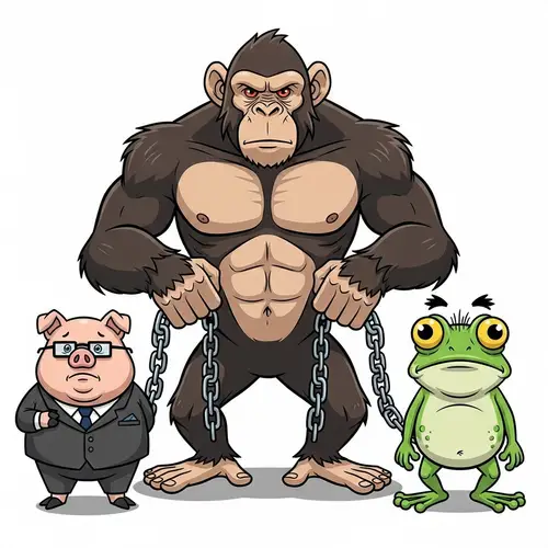 Muscular Chimpanzee Holding Pig and Frog on Chains