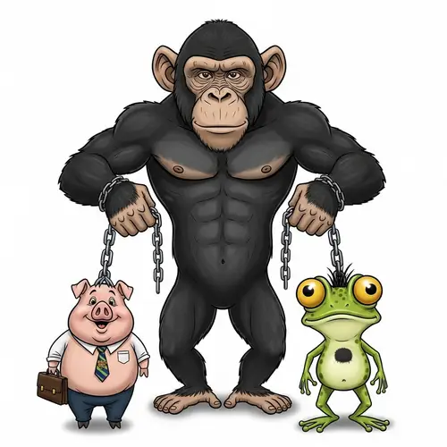Muscular Chimpanzee Caricature With Humorous Pig and Frog