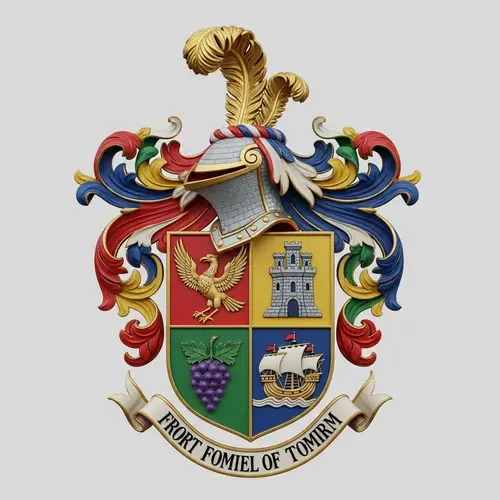 3D Coat of Arms Crest with Bird, Castle, Grapes & Ship