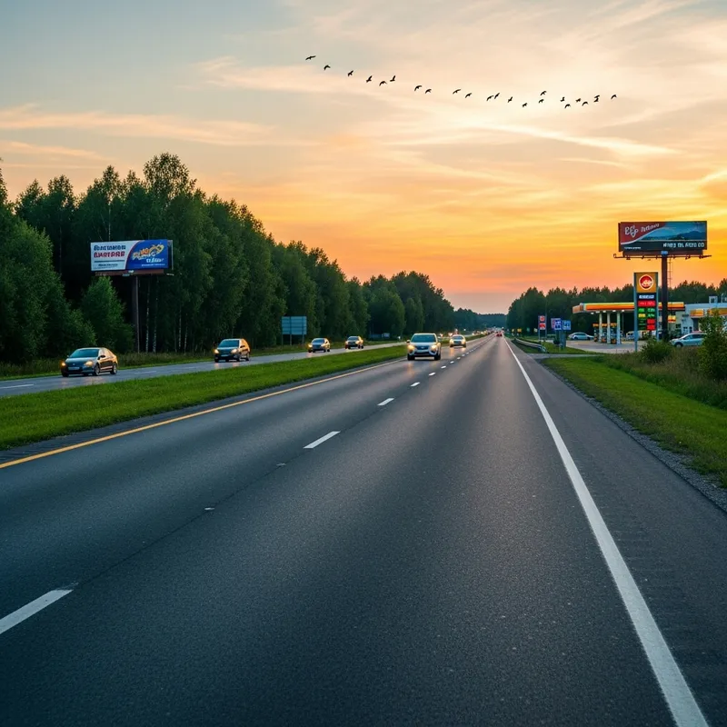 Tranquil Highway Scenery at Dusk with Birds and Billboards