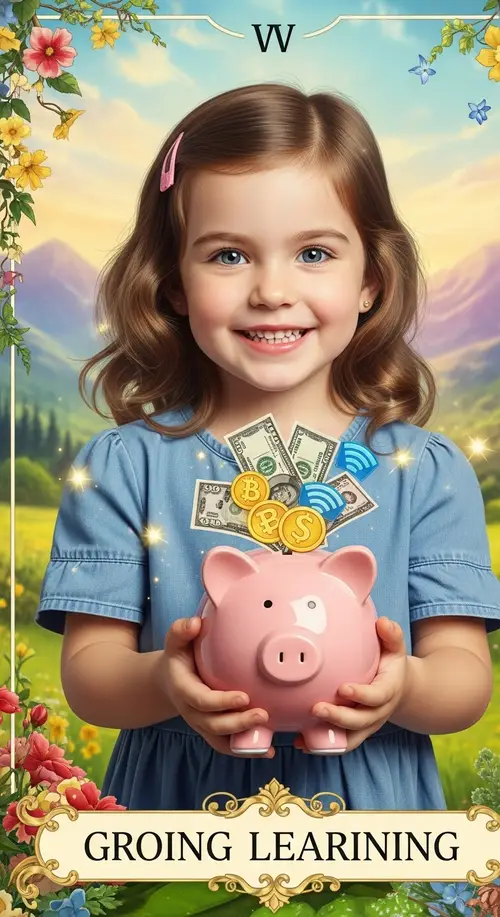 Adorable 3-Year-Old Girl with Piggy Bank | Global Currency Illustrations