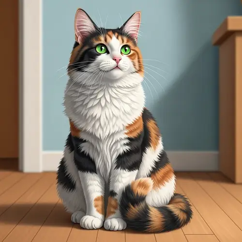 Graceful Fluffy Calico Cat with Green Eyes | Adorable Feline