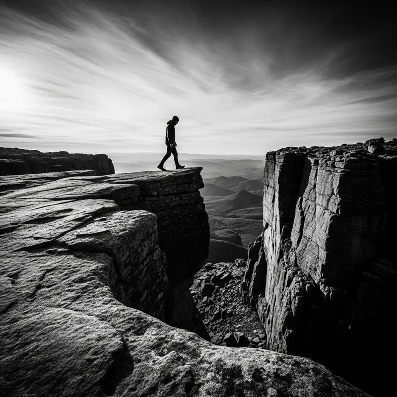 Contemplative Figure Walking to Cliff - Moody Black and White Landscape