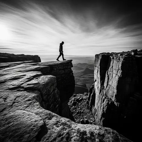 Solitary Figure Walking towards Cliff - Black and White Landscape