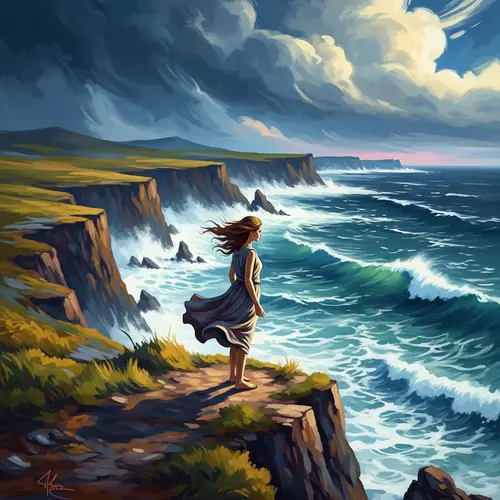 Impressionist Style Portrait: Woman on Cliff Overlooking Stormy Sea