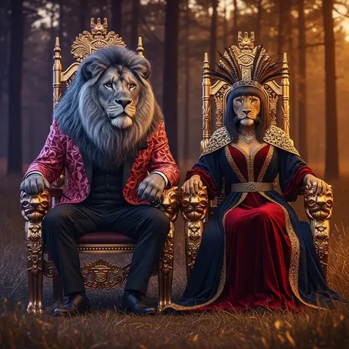 Majestic Male and Confident Female Lion in Enchanted Forest