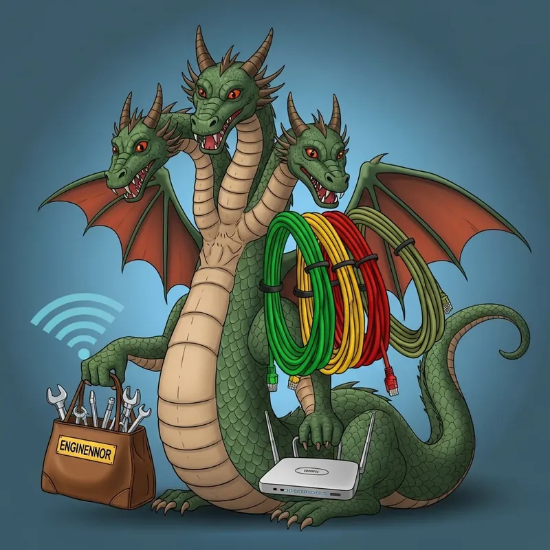 Russian Fairy Tale Three-Headed Dragon with Wi-Fi Router, Internet Tools, and Colorful Cables