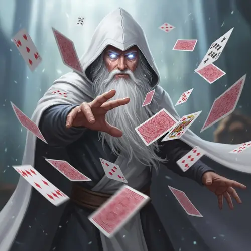 Elder Wizard with Luminescent Eyes and Poker Card Magic