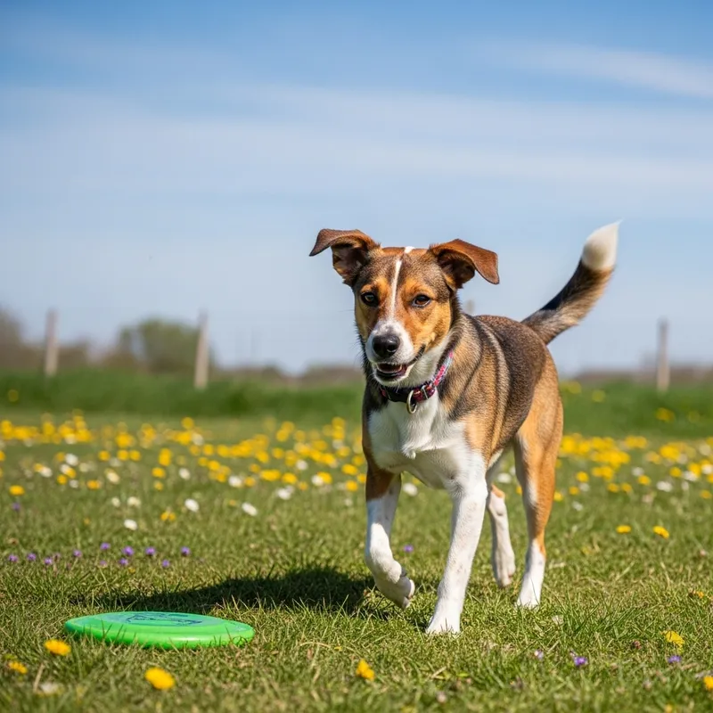 Adorable Mixed Breed Dog Playing Fetch Outdoors - Cute Pup in Grassy Field