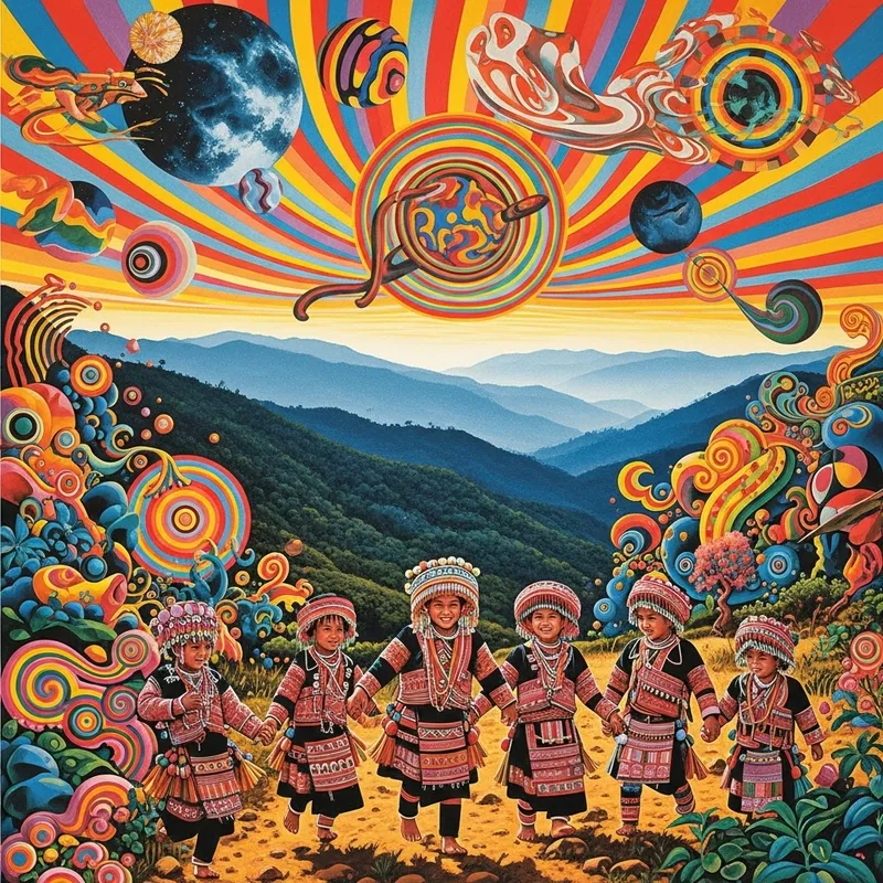 Vividly Colored Chiang Mai Hill Tribe Kids Art